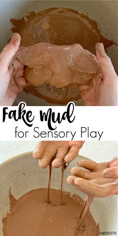 hands mixing chocolate in a bowl with the words fake mud for sensory play on it