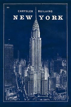 an advertisement for the chrysler building in new york city, with skyscrapers lit up at night