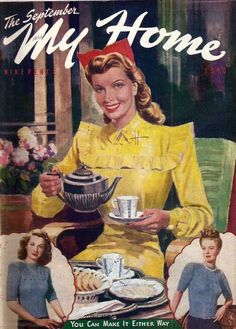 an old magazine cover with a woman holding a teapot