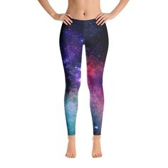 These Galaxy Leggins are super durable, and a hot fashion staple.  These polyester/spandex leggings are made of a comfortable microfiber yarn, and they'll never lose their stretch.  * Fabric: 82% polyester, 18% spandex * Fabric weight: 6.78 oz/yd² (230 g/m²) (weight may vary by 5%) * 38-40 UPF * Made of a microfiber yarn, which makes the item smooth and comfortable * Four-way stretch fabric that stretches and recovers on the cross and lengthwise grains * Elastic waistband * Overlock and coversti Boho Yoga Pants, Stars Space, Galaxy Leggings, Boho Yoga, Legging Outfits, Spandex Leggings, Outfits With Leggings, Spandex Fabric, Workout Leggings