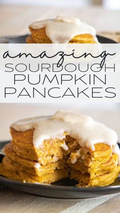 pumpkin pancakes with white icing on a black plate