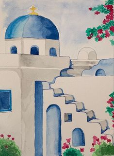 a painting of a white building with blue domes and flowers on the outside, painted in watercolor