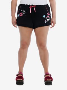 Having a creepover with your best ghoul friends? Show up dressed for the occasion in these scary cute Monster High lounge shorts! Featuring printed icons inspired by Frankie Stein  Draculaura and Clawdeen with rhinestone detailing. The "MH" logo is printed on the back pocket with more rhinestones and pink contrast stitching. Comes with an elasticated drawstring waistband and side seam pockets. Draculaura And Clawdeen, Girls Lounge, Cutesy Outfit, Pink Contrast, Icons Girls, Frankie Stein