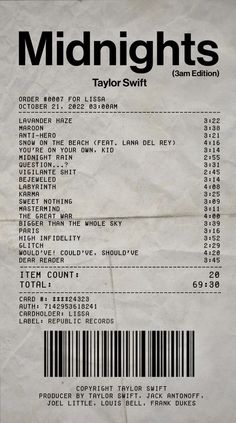 the receipt for midnight's concert is shown in black and white, with barcodes on it