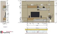 an architectural drawing of a living room with furniture and measurements for the area in front of the tv