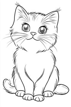 a black and white drawing of a cat with big blue eyes sitting on the ground