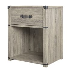 a wooden cabinet with two drawers and one door open