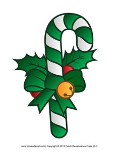 a candy cane decorated with holly leaves and a bell on it's side for christmas