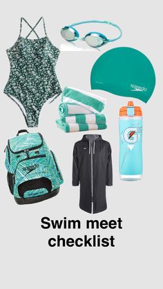 the swim meet checklist includes swimming gear, water bottle, backpack and sun glasses