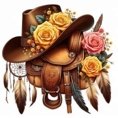 a drawing of a saddle with roses and feathers on the side, surrounded by flowers