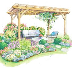 a watercolor painting of a garden with couches and flowers