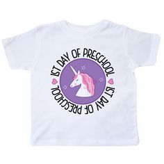 First Day of Preschool Girl Unicorn Toddler T-Shirt White $11.99 #1stDay #preschool #backtoschool #1stdayofpreschool www.homewiseshopperkids.com First Day Of Preschool, Preschool Girl, Student Girl