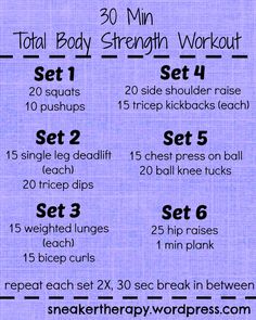 the 30 - minute total body strength workout for women is shown in purple and black