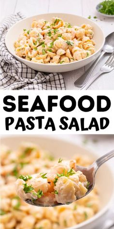 this seafood pasta salad is so good and it's ready to be eaten in less than 30 minutes