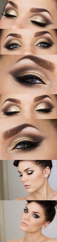 Beautiful gold look. Can also be used for Victoria secret models makeup just with a lighter dark eyeshadow in the corners :) Gold Eyebrows, Eyeshadow Brown Eyes, Eyebrows Ideas, Gold Smoky Eye, Eyeshadow Guide, Smoky Eye Tutorial, Permanente Make-up