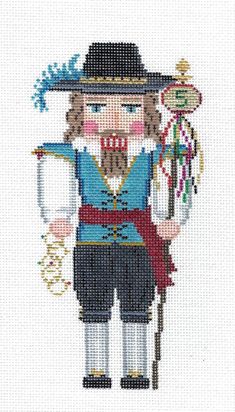 a cross stitch pattern of a man with a hat and cane, holding a flag