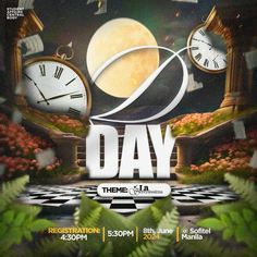 a flyer for a day with clocks in the air and plants around it, on a dark background