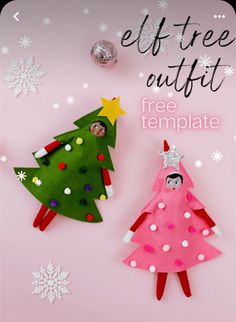 two felt christmas trees on a pink background with snowflakes and ornaments around them