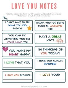 i love you notes for kids to write on the back of a card with words that say