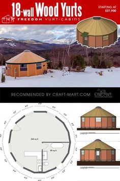 an image of a round house in the snow with plans for it and instructions on how to