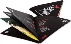 an open brochure with several different types of fish on it's sides