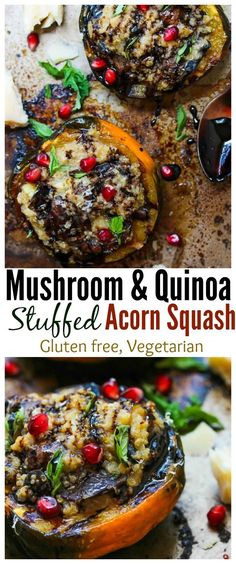 mushroom and quinoa stuffed acorn squash with pomegranate on top