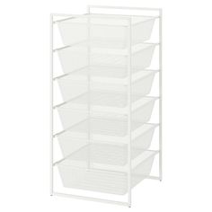 a white shelf with six baskets on the bottom and four shelves below it, all in different sizes