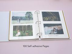 an open wedding album with photos and text on the page, in front of a pink background