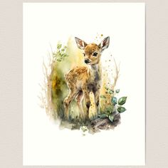 a watercolor painting of a baby deer standing in the grass with leaves on it's head