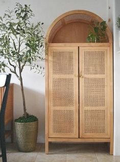 a wooden cabinet sitting next to a potted plant on top of a tiled floor