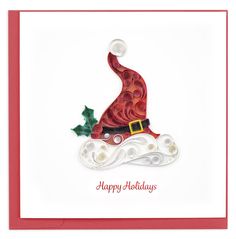 a red and white christmas card with a santa hat on it's head, surrounded by holly