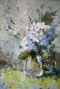 an abstract painting of white flowers in a vase on a green field with blue and gray colors