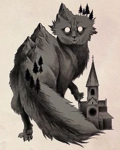 a black and white drawing of a cat in front of a castle with trees on it