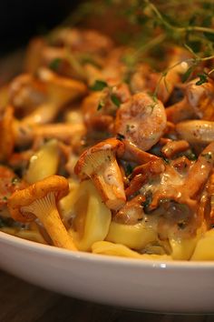 a white bowl filled with pasta and mushrooms