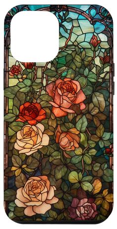 a stained glass window with roses on it