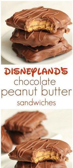 chocolate peanut butter sandwiches on a plate with the words disneyland's chocolate peanut butter sandwiches