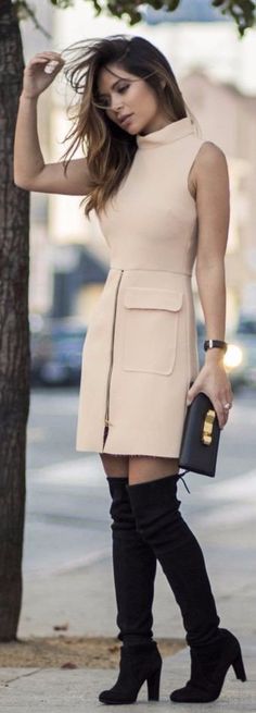 Вам понравилось Beige Dress, Trending Boots, Trendy Dress, Boots Outfit, Trendy Dresses, Thigh High, Eminem, Over The Knee Boots