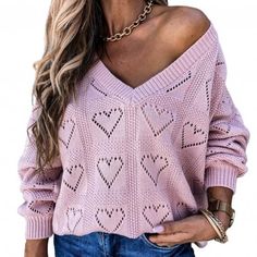 Cute V-neck Fall Sweater, Pink V-neck Open Knit Sweater, Cute V-neck Sweater, Cute V-neck Knitted Sweater, Heart-shaped Spring Sweater, Cute Knitted V-neck Sweater, Cute V-neck Sweater For Spring, Cute V-neck Knit Sweater, Cute Knit V-neck Sweater