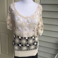 Gorgeous And Very Soft 100% Cotton Kenar Ivory Crochet Top Size S, But Fit Loose ,Could Fit Some Bigger Sizes. Please Check Measurements: Pit To Pit 22'', Hips 15'', Length 26''.Great Top Or Some Special Occasion And Vacation. Vintage Cream Crochet Top With Crochet Trim, Vintage Cream Crochet Top With Trim, Beige Short Sleeve Crochet Top With Crochet Trim, Fitted Cream Crochet Tops, Elegant Cream Crochet Top With Crochet Trim, Cream Open Knit Lace Tops, Elegant Beige Crochet Top With Crochet Trim, Cream Crochet Lace Top For The Beach, Elegant Cream Crochet Top With Trim