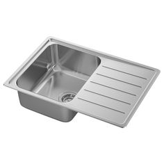 a stainless steel kitchen sink with drainer and strainer on the left hand side