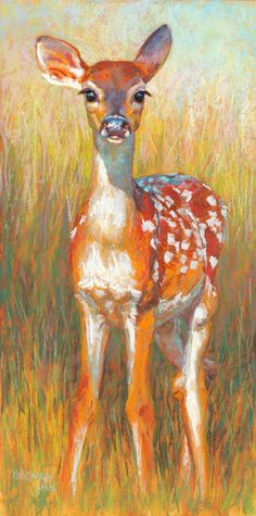 a painting of a young deer standing in tall grass