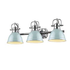 three light bathroom fixture in chrome finish with frosted glass shades on the top and bottom