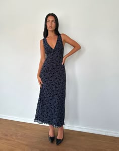 Navy Flocked Petal Midi Dress | Gabriela – motelrocks-com-us Fall Midi, Black Satin Dress, Bandeau Dress, Dreamy Dress, Long Sleeve Bodycon Dress, Prom Party Dresses