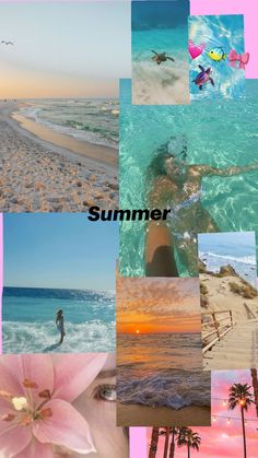 a collage of photos with the words summer written on them and images of people swimming in the ocean