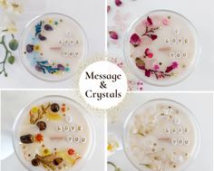 four different images of flowers and words in glass containers with the words message & crystals written on them