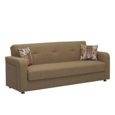 a brown couch with two pillows on it's back and one pillow sitting on the arm