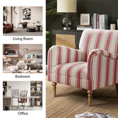 a living room with red and white striped chairs, coffee table, bookshelf and pictures on the wall