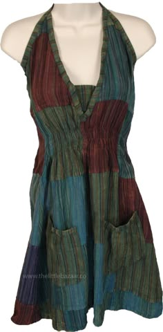 Tropical Green hued stripes add casual charm to this beautifully draped halter top/dress. It has ties at the back and two pockets with elastic on the front. #tlb #Patchwork #bohemianfashion #Sleeveless Hemp Clothes, Cotton Boho Tops, Hippy Dress, Green Cotton Dress, Beach Wardrobe, Halter Top Dress, Estilo Hippie, Tropical Green, Halter Top Dresses