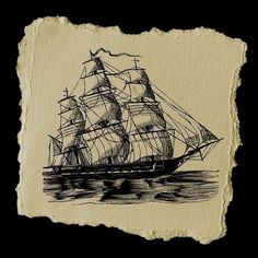 an old paper with a drawing of a sailing ship on it, and the image is drawn