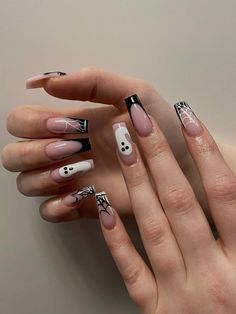 Nails Black Design Creative, Simple Halloween Nails Medium, Spider Web And Ghost Nails, Spooky Halloween Nails Medium Length, Halloween Nail Ideas Square, White French Tip Nails Halloween, Simple Nail Designs For Fall French Tips, Black French Tip Nails With Ghost, Simple Halloween Nail Designs Square